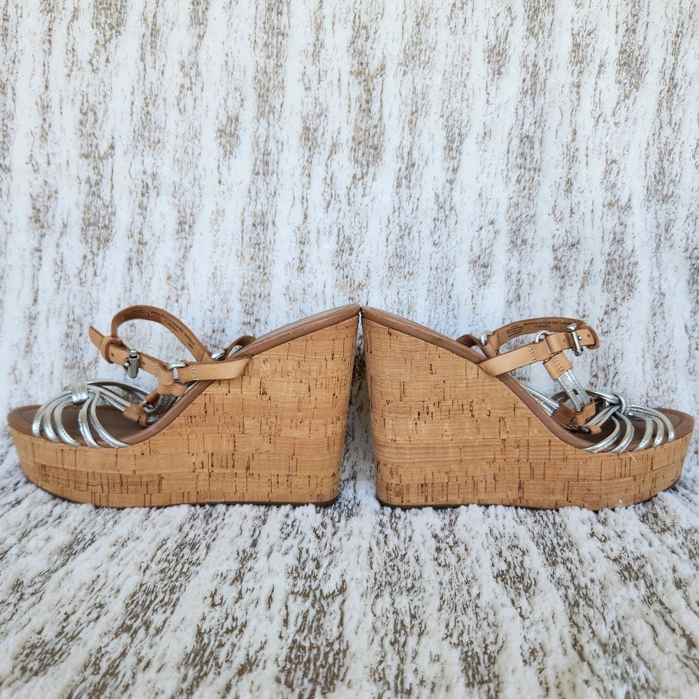 Coach "Georgiana" Platform Wedge Sandal Metallic Silver Tan | Women's Size 9.5B - Picture 6 of 11